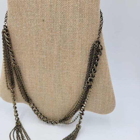 Vtg Layered Chain Necklace 28" Gold Tone Beaded Rhinestone Accent Rustic Rocker - Picture 10 of 12
